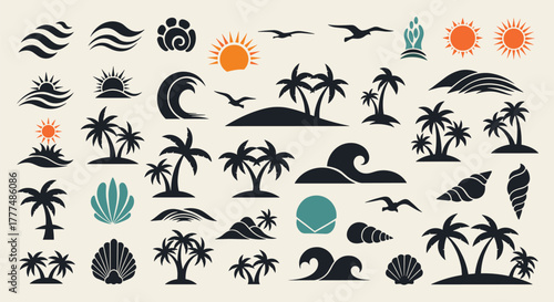 A comprehensive vector collection of beach and tropical vacation elements, featuring palm trees, ocean waves, sun, seagulls, and seashells.