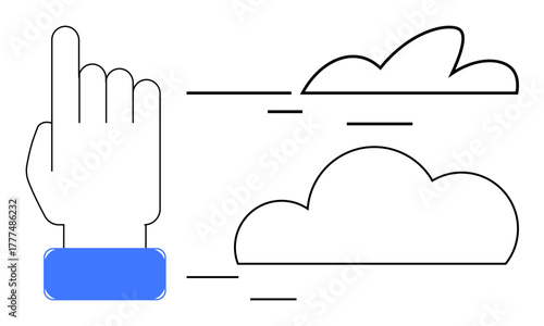 Minimalist hand gesture with moving clouds suggesting speed, navigation, control, and technology interaction. Ideal for teamwork, innovation, cloud computing, data transfer, modern tools progress