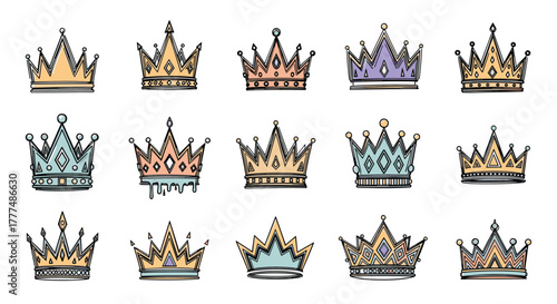 A collection of 15 hand-drawn crowns in various pastel colors and unique designs, showcasing royalty and fantasy themes.