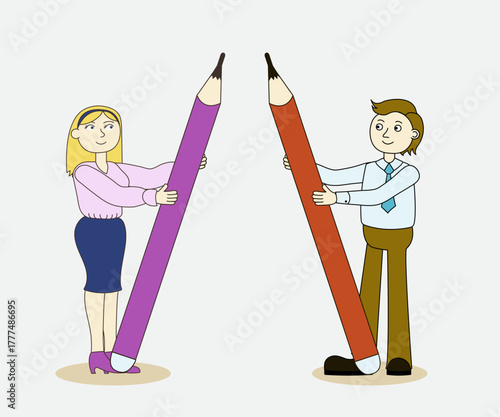 Woman holding a big pink pencil, man holding a big red pencil, cartoon, business, finance, stationery, pencil, business style