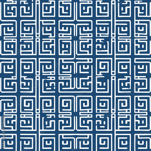 Intricate white geometric labyrinth pattern on a deep blue background. Seamless abstract design for modern decor and textile.