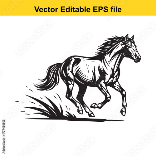 A majestic black and white illustration of a horse running with its mane flowing