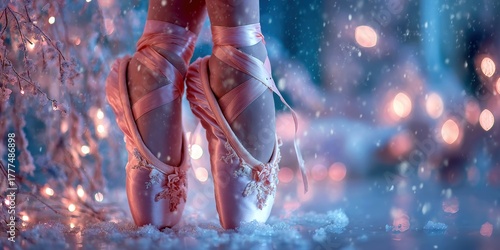 Elegant satin ballerina pointe shoes on stage with falling snow and warm Christmas lights in the background