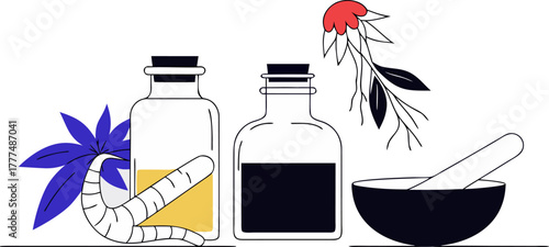 A stylized illustration showcasing various representations of ginseng. Two jars with cork stoppers each house a ginseng root, one is black and white, the other a warm, golden hue. A complete ginseng p