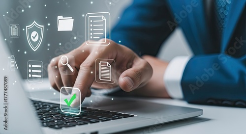 Hand on Laptop Keyboard with Documents Icons, Business Data Process Automation