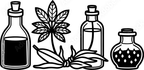 A stylized illustration showcasing various representations of ginseng. Two jars with cork stoppers each house a ginseng root, one is black and white, the other a warm, golden hue. A complete ginseng p