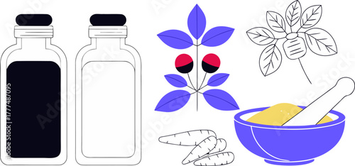 A stylized illustration showcasing various representations of ginseng. Two jars with cork stoppers each house a ginseng root, one is black and white, the other a warm, golden hue. A complete ginseng p