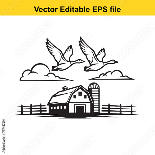 Black and white illustration of geese flying over a barn and silo with clouds