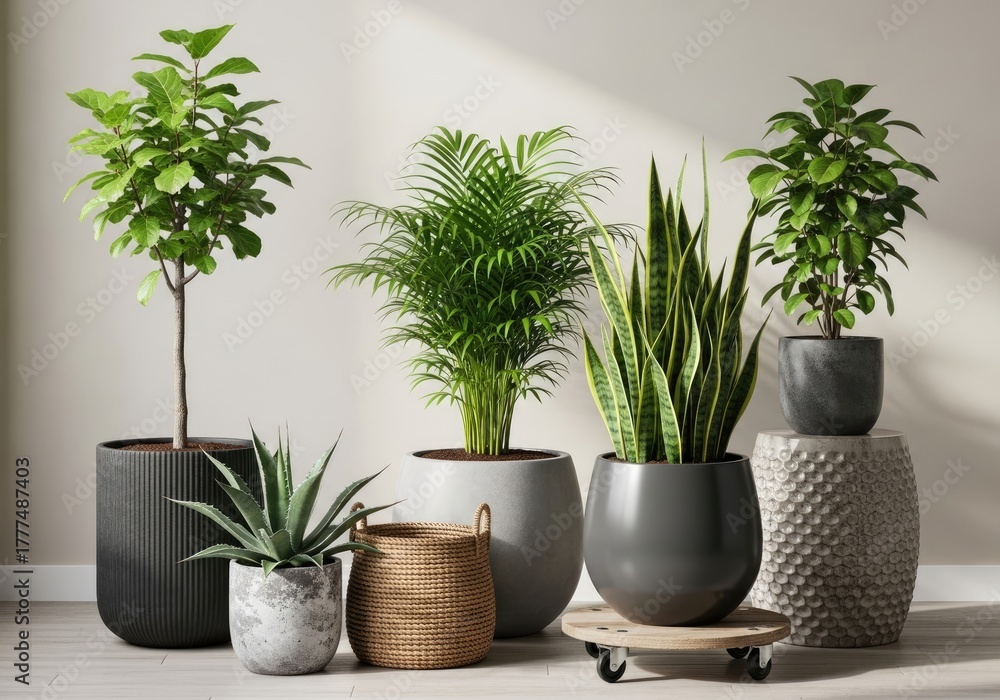 Fototapeta premium Indoor Potted Plants Arrangement Ficus, Palm, Snake Plant, Aloe Vera on White Floor
