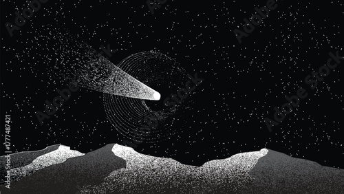 Star and comet tail in outer space. Futuristic landscape, with noise texture . Space landscape with comet and sun . Deep space vector illustration