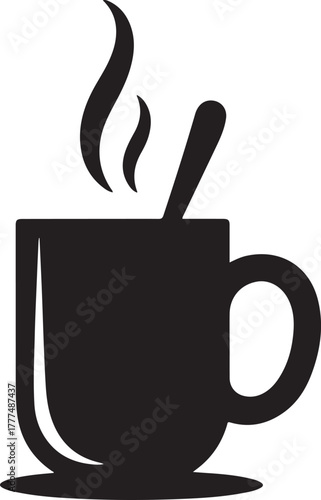 Silhouette of a hot beverage mug with steam and a stirring spoon