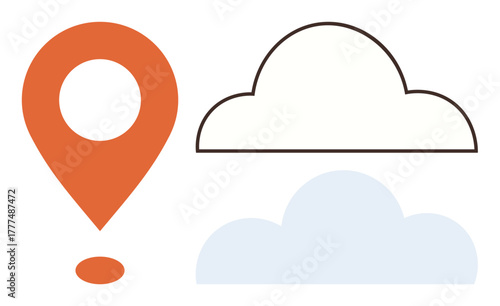 Orange geolocation pin alongside outlined and filled cloud shapes, symbolizing location tracking, cloud storage, data sharing, and global connectivity. Ideal for transport, technology, mapping