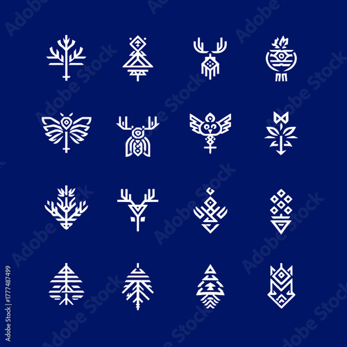 Abstract Geometric Line Art Nature and Animal Icon Set. Minimalist Tribal Vector Symbols Collection on Dark Blue Background
