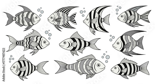 A collection of stylized black and white fish with various patterns, swimming among bubbles on a white background, perfect for aquatic-themed designs.