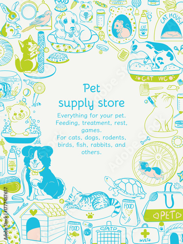 Vector frame for a pet store. Banner with pet care products. Graphic elements for feeding, treating, caring for, playing with, and relaxing cats, dogs,turtles, fish, rabbits, parrots and rodents