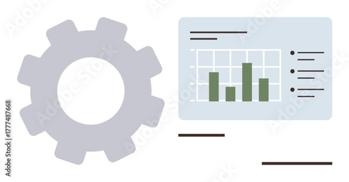 Large gear beside bar graph chart with data labels conveys efficiency, analytics, performance insights, and process optimization. Ideal for business strategy, workflow management, metrics analysis