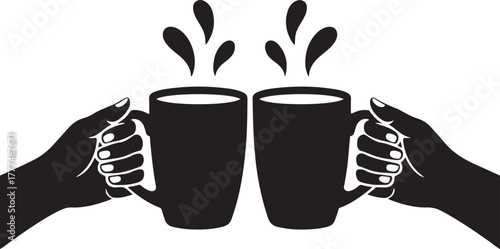 Two hands holding hot chocolate mugs in a celebratory toast