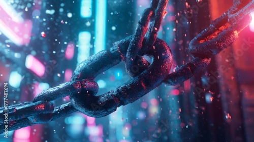 A close-up of a chain with neon reflections and snow. The light creates an engaging atmosphere. It symbolizes strength and connection in a digital age. Generative AI