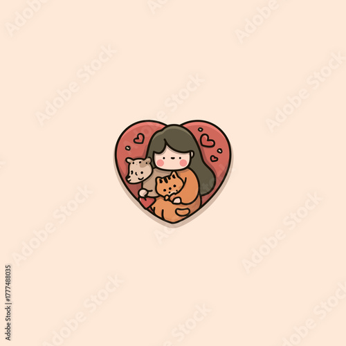 Cute cartoon girl hugging her beloved cats inside a heart, illustrating pet love and companionship in a minimalist kawaii style.