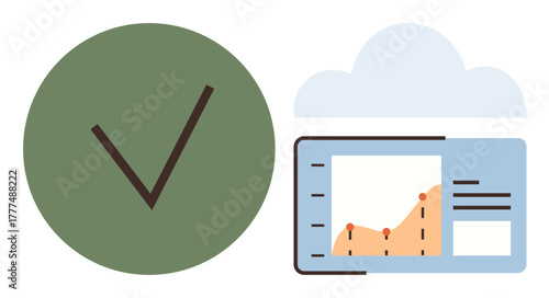 Green checkmark, data visualization on analytics dashboard, and cloud icon. Ideal for data accuracy, approval, analytics, cloud computing, reporting, business success simple flat metaphor