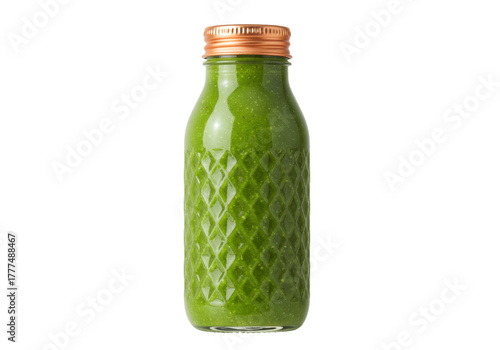 Isolated green smoothie in glass bottle with textured surface and copper lid, nutrition shot