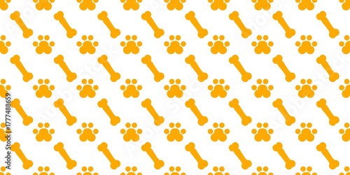 Orange dog bones and paw prints on a white background. Seamless pattern of orange dog bones and paw prints on a white background. Dog paw seamless pattern. Bear paw seamless pattern. Cat paw pattern. 