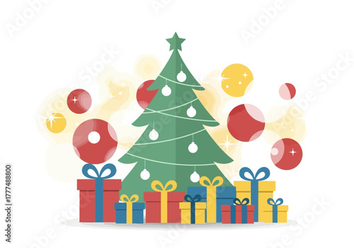 Flat illustration of a decorated Christmas tree surrounded by colorful presents and ornaments on a white background with festive holiday cheer.