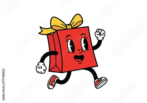 A cheerful red gift box with a yellow bow runs with a smiling face and cartoon-style legs and arms against a clean white background.