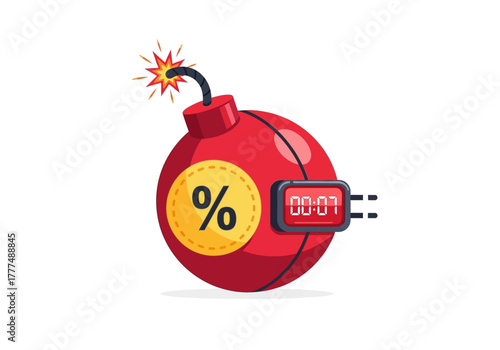 A cartoon bomb with a percentage sign and timer on a white background, conveying urgency and danger.
