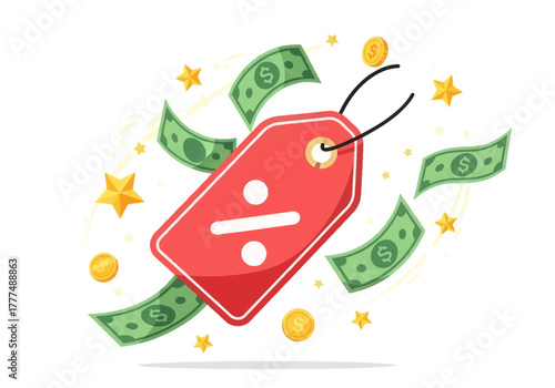 Discount tag with percentage symbol surrounded by floating money bills, coins, and stars on a white background with a playful and financial mood.