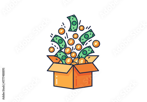 Cartoon illustration of an open orange box with money bills and gold coins spilling out against a plain white background.