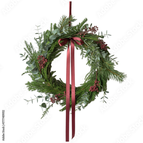 A beautifully handcrafted christmas wreath, adorned with deep green fir branches, eucalyptus leaves, and clusters of red berries, elegantly tied with a burgundy ribbon, isolated on a plain background 