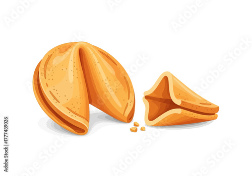 Illustration of an open fortune cookie with pieces and filling on a plain white background.