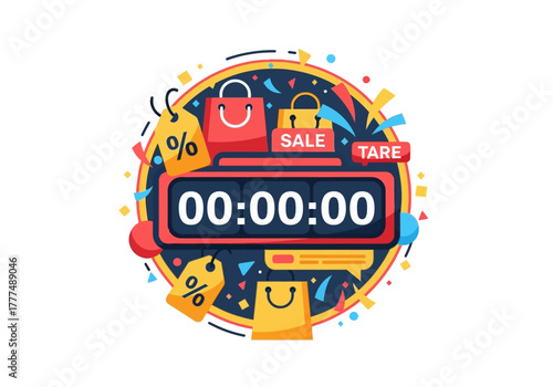 A colorful graphic illustration of a countdown timer surrounded by shopping bags and sale signs on a dark background with confetti and percentage symbols.