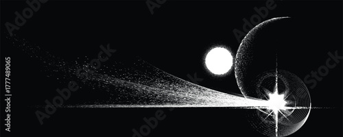 Star and comet tail in outer space. Futuristic landscape, with noise texture . Space landscape with comet and sun . Deep space vector illustration