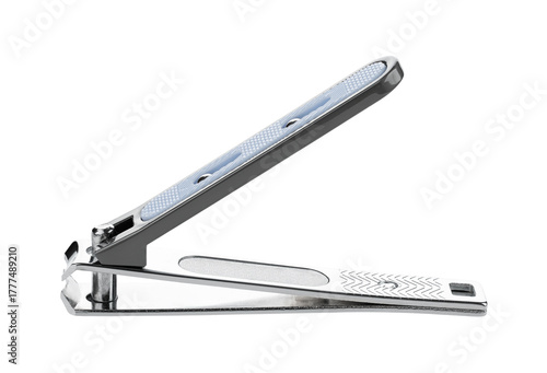 A pair of stainless steel nail clippers, an essential manicure tool, isolated on a clean white surface. Suitable for beauty, hygiene, and self-care concepts.
