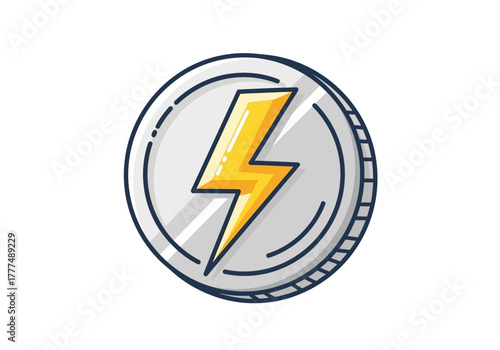 Free Download Graphic illustration of a yellow lightning bolt on a gray coin with a blue outline against a white background. - GFXLoad