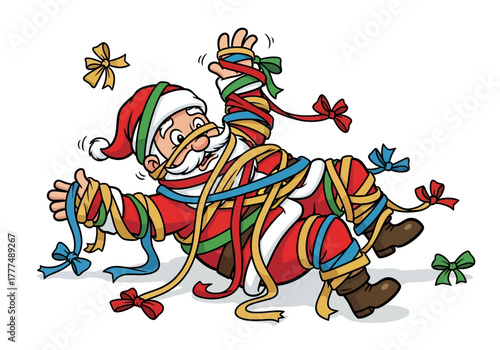 Cartoon Santa Claus tangled in colorful ribbons and bows on a white background with a comedic expression.