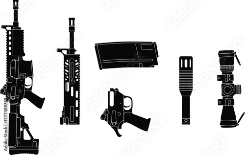 Firearm parts silhouette, rifle components, gun accessories, AR-15 breakdown, weapon vector, black icons, cad drawing flat vector illustration