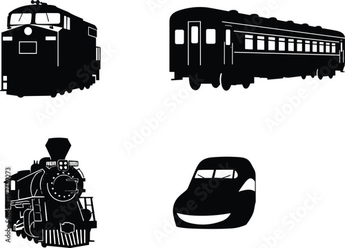 Diesel locomotive, passenger train, steam engine, high speed rail, railway transport, cargo vehicle, silhouette icons, cad drawing flat vector illustration