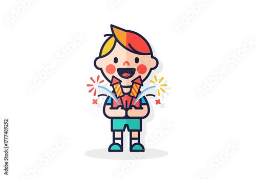 Cheerful cartoon boy holding colorful fireworks on a white background with a joyful and celebratory mood.