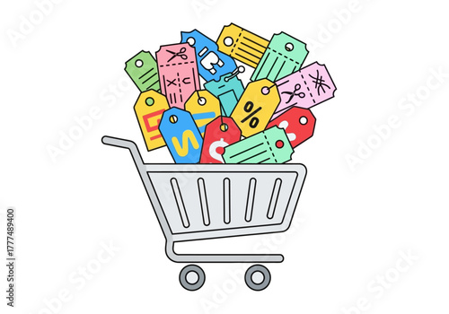 Colorful shopping cart filled with various discount price tags on a clean white background.