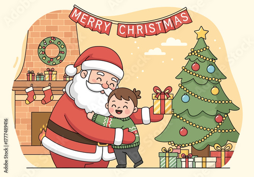 A cartoon Santa Claus embracing a young child beside a decorated Christmas tree and presents in a cozy living room with a festive atmosphere.