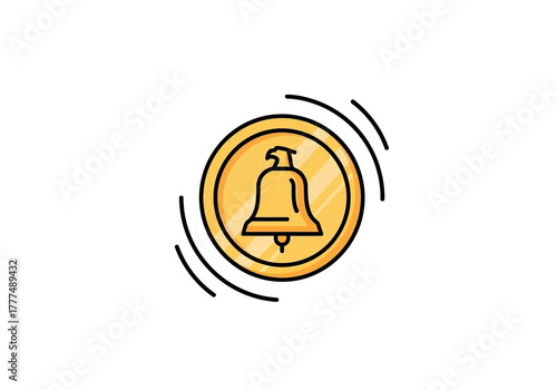 Flat design illustration of a ringing bell icon in a yellow circle with motion lines on a white background.