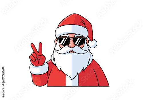 Cartoon Santa Claus wearing sunglasses and giving a peace sign on a white background with a playful and festive mood.