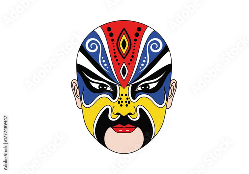 A colorful, cartoon-style illustration of a Chinese opera mask with a bold, abstract design on a white background.