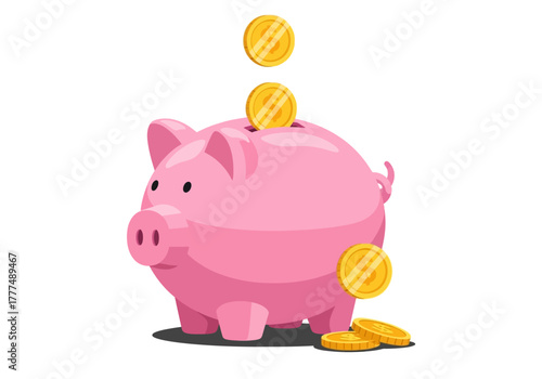 A pink cartoon piggy bank with coins falling into and lying around it on a white background.