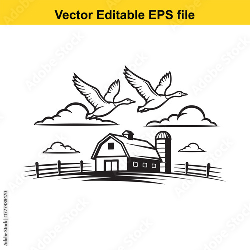 Farmhouse with flying geese and clouds, vector illustration