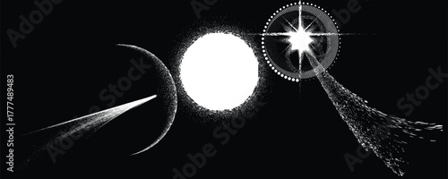 Star and comet tail in outer space. Futuristic landscape, with noise texture . Space landscape with comet and sun . Deep space vector illustration