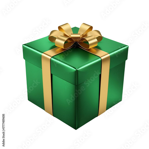 A beautifully wrapped green gift box with a golden ribbon and a large golden bow, isolated on a plain background, perfect for celebrations and special occasions.